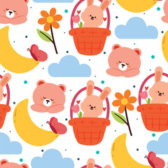 seamless pattern cartoon bear and bunny in the night sky. cute animal wallpaper for textile, gift wrap paper