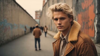A man with blonde hair wearing a brown jacket