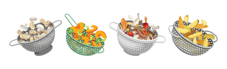 Colander with Mushroom and Vegetables for Washing Vector Set