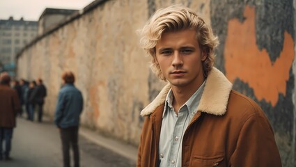 Fototapeta na wymiar A man with blonde hair standing in front of a wall