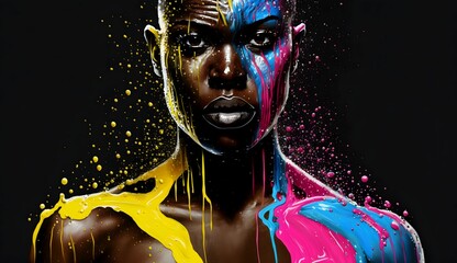 African female energy young girl portrait, face woman stylish with splash colorful paint