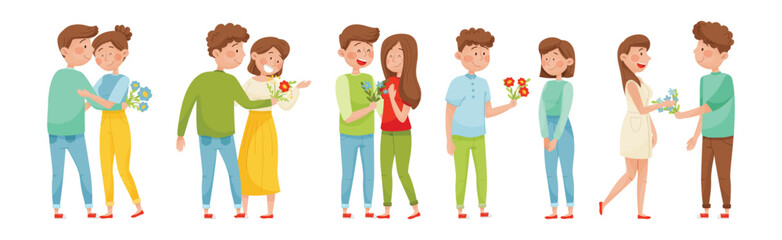 Young Man Giving Bouquet of Flowers to Happy Woman Vector Set