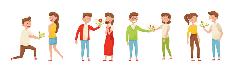 Young Man Giving Bouquet of Flowers to Happy Woman Vector Set
