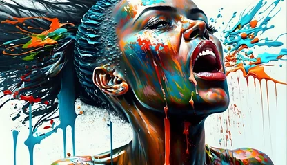 Fotobehang African female energy young girl portrait, screaming mouth face woman stylish with splash colorful paint © bravissimos