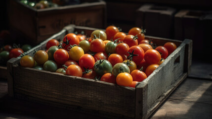 Assorted tomatoes in rustic crate.