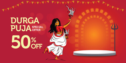 Happy Durga Puja Sale special offer banner template with festive elements