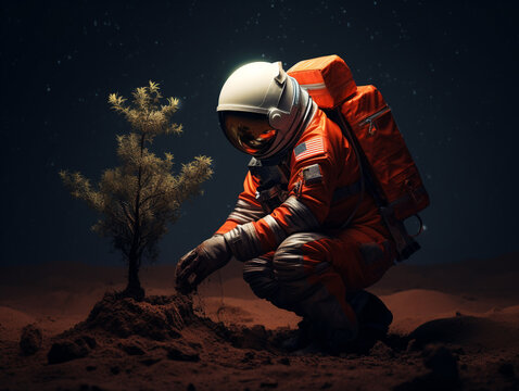 An astronaut is planting a small tree on an alien planet. Set against a barren area like a desert.