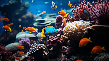 Fototapeta premium Immersive Hand-Drawn Aquarium Wonderland: A Spectacle of Colorful Tropical Fish and Lively Coral Reefs