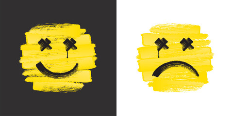Optimistic Versus Pessimistic Concept with Happy Smiling and Unhappy Sad Faces over Negative and Positive Backgrounds Consequently - Yellow Brush Strokes on Black and White - Graphic Design