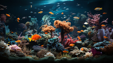 Obraz na płótnie Canvas Immersive Hand-Drawn Aquarium Wonderland: A Spectacle of Colorful Tropical Fish and Lively Coral Reefs