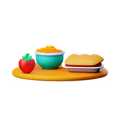 Simple breakfast set 3d illustration. Served with coffee, tea and fruit juice.