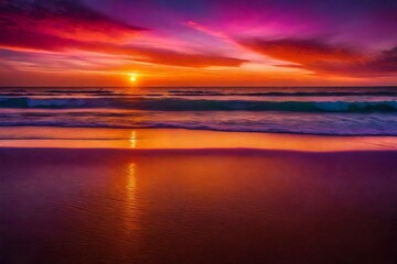 Naklejka na ściany i meble Breathtaking sunset over an expansive beach, with vibrant hues of orange, pink, and purple - AI Generative