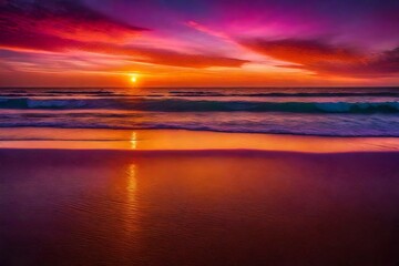 Fototapeta premium Breathtaking sunset over an expansive beach, with vibrant hues of orange, pink, and purple - AI Generative