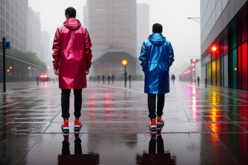 A two men standing on wet pavement in rain in sneakers in puddle. Male in denim jeans and warm shoes, reflection on water. Concept of autumn weather, casual. Colorful outfit. Generative AI