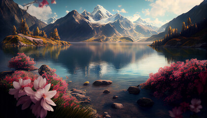 Beautiful lake with flowers and mountains behind, Ai generated image