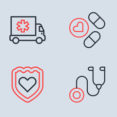 Set line Medicine pill or tablet, Immune system, Stethoscope and Ambulance car icon. Vector