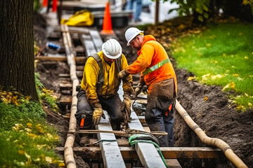 Dramatic autumn scene capturing two professionals fixing a public electric line in a trench, setting enhanced by rainfall and cool colors.