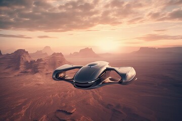Atmospheric scene featuring a futuristic flying car soaring through the sky. Generative AI