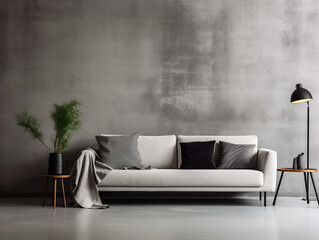 Loft style interior, white sofa, concrete wall texture