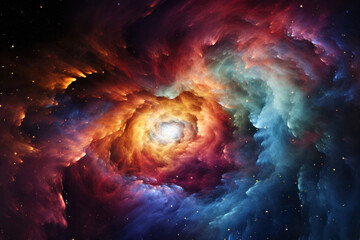 A bright new star born inside a nebula of colorful gas clouds. Vibrant abstract background