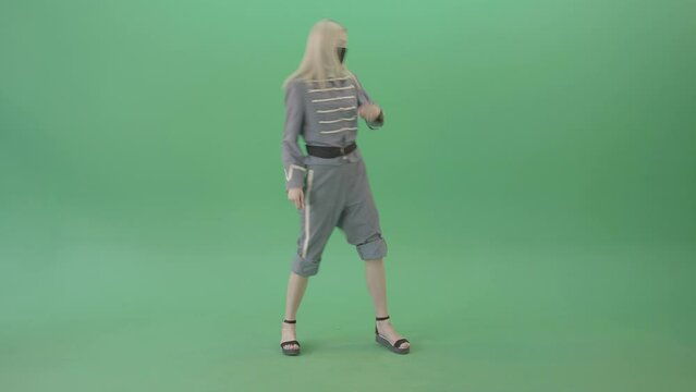 Blondie in Techno royal costume dancing house in black covid19 mask on green screen 4K Video Footage