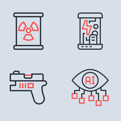 Set line Cryogenic capsules, Futuristic weapon, Computer vision and Radioactive waste in barrel icon. Vector