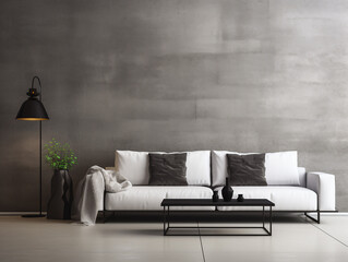 Loft style interior,  white sofa, concrete wall texture