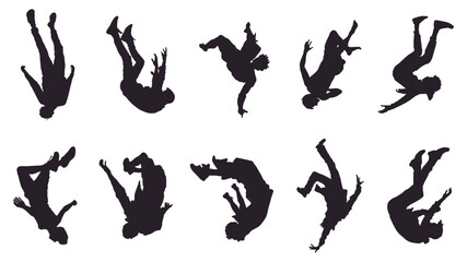set of falling people silhouettes. vector silhouettes of people falling from a great height. falling male silhouette - obrazy, fototapety, plakaty