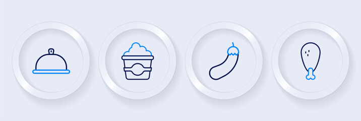 Set line Chicken leg, Eggplant, Popcorn in cardboard box and Covered with tray of food icon. Vector