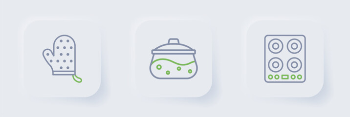 Set line Gas stove, Cooking pot and Oven glove icon. Vector