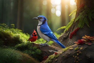 blue bird on a branch , two birds in a forest