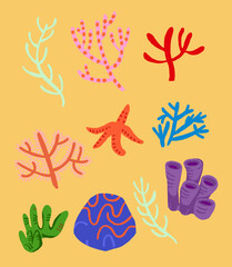 Fototapeta premium Set of underwater flora, coral reefs, rocks, seaweed, starfish on orange. Underwater Clipart set. Vector illustration