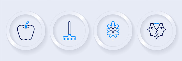 Set line Chestnut, Leaf, Garden rake and Apple icon. Vector