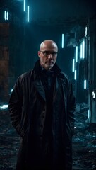 Naklejka premium A mysterious man in a black trench coat standing in a dimly lit room