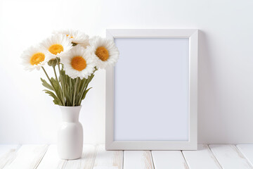 Frame Poster Mockup, Scandinavian style interior with summer daisy flowers in a vase and home decoration on empty neutral white wall background