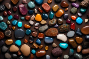 Fototapeta na wymiar Colorful rocks and stones on an isolated brown background - AI Generative