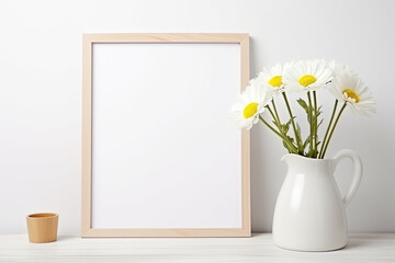 Frame Poster Mockup, Scandinavian style interior with summer daisy flowers in a vase and home decoration on empty neutral white wall background