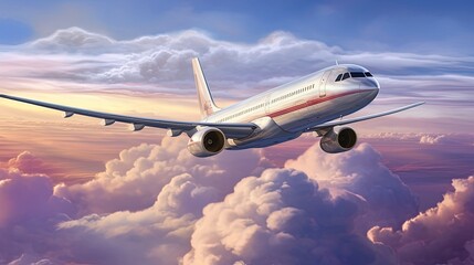 Obraz premium Commercial airplanes fly above the clouds, generated by ai