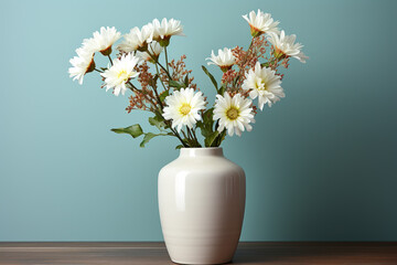 Bouquet of field chamomile flowers in the vase on white background. Copy space. Selective focus. Beautiful floral background.