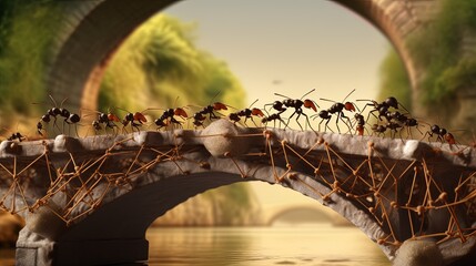 A group of black ants is walking on the bridge, generated by ai