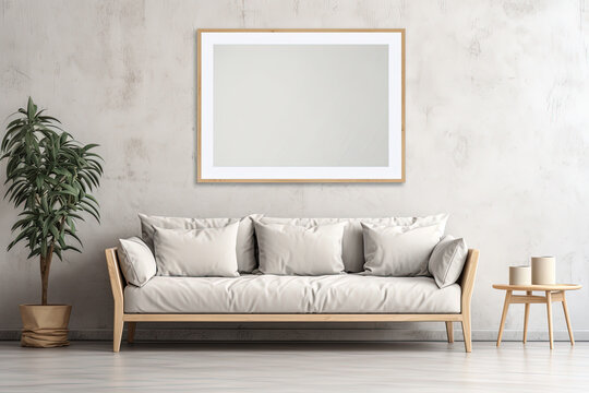 Rectangular vertical frame poster mockup, Scandinavian style interior with home decoration on the floor empty neutral white wall background. 3D render illustration