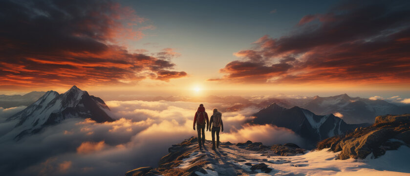 Couple of man and woman hikers on top of a mountain in winter at sunset or sunrise, together enjoying their climbing success and the breathtaking view, looking towards the horizon