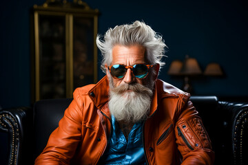 Hipster senior man 70 years old and brown lether jacket