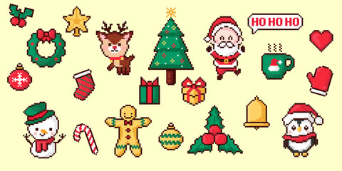 Xmas set of pixel festive elements. New Year's design for greeting card, stickers, logo, app. Isolated vector illustration.