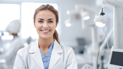 Dentiste professionnelle en blouse blanche, mise en lumière dans l'univers dentaire, détails précis et ambiance clinique épurée, capturée avec une clarté exceptionnelle