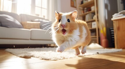 A hamster escapes from its cage and explores the house.