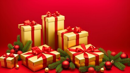 Christmas foundation with occasions favoring box and Christmas beautification on ruddy foundation. Creative resource, AI Generated