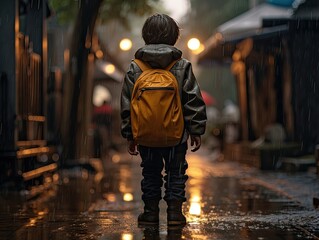 a child seen from behind while it's raining walking along a street