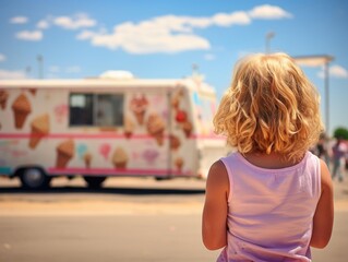 a child seen from behind at a hot summer day in front of an ice cream truck