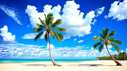 Palm tree on tropical shoreline with blue sky and white clouds unique foundation. Duplicate space of summer get-away and commerce travel concept. Creative resource, AI Generated